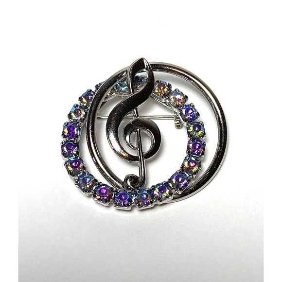 Brooch Treble Clef Stylized Silver Tone Aurora Borealis AB Crystals Art Deco - Picture 2 of 6